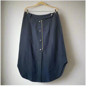 Tristan A-Line Midi Skirt 12 Blue Tencel Linen Button Full Zip Asymmetric Hem